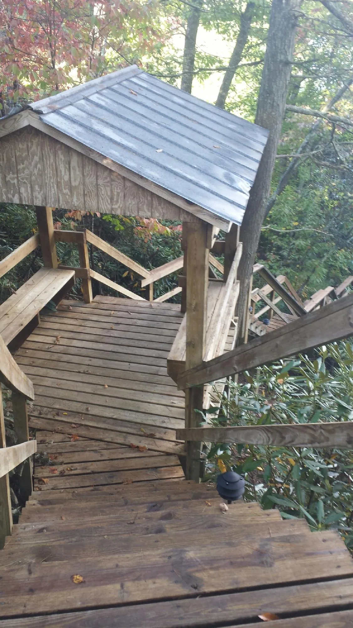 Metal roofed shelter over wooden steps on a wooded walkway — Skylight Repair & Installation work by our crew in Cleburne